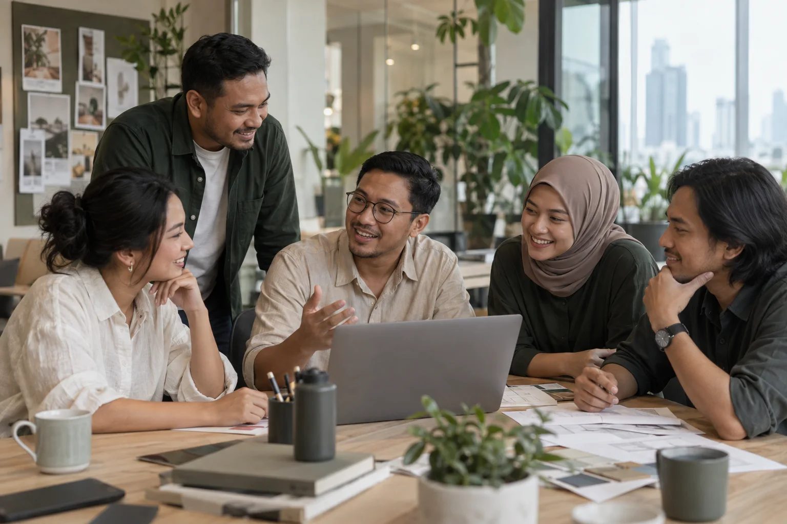 Profesional Indonesia berdiskusi bersama di meja kerja