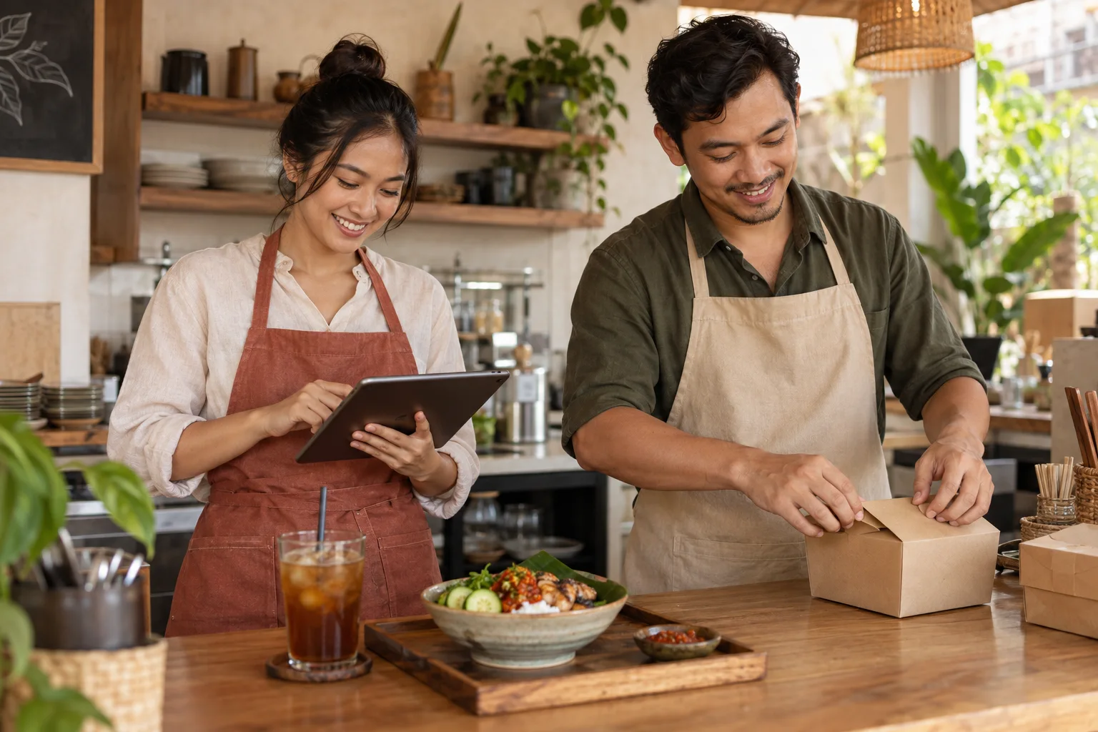 Pemilik bisnis kuliner mengelola pesanan dan menyiapkan makanan