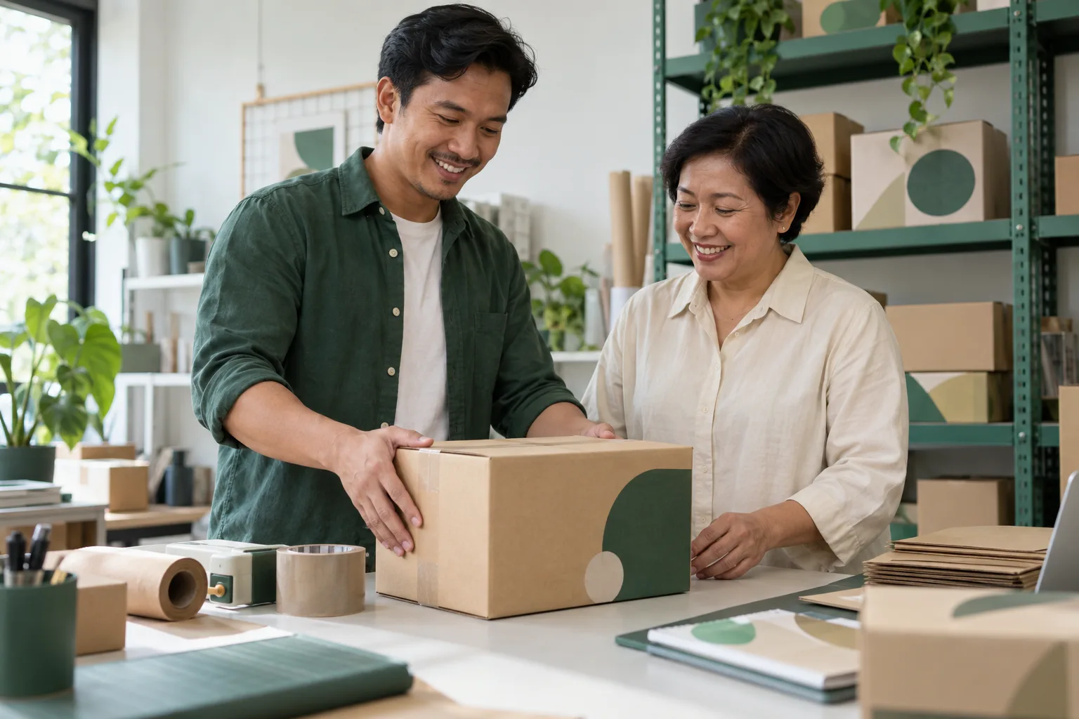 Pemilik bisnis dan rekan kerja menyiapkan paket pelanggan
