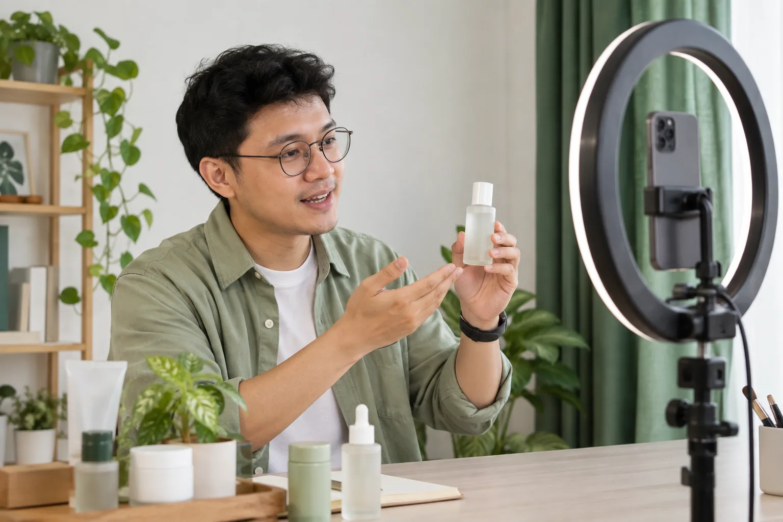 Host menjelaskan produk di depan kamera live shopping