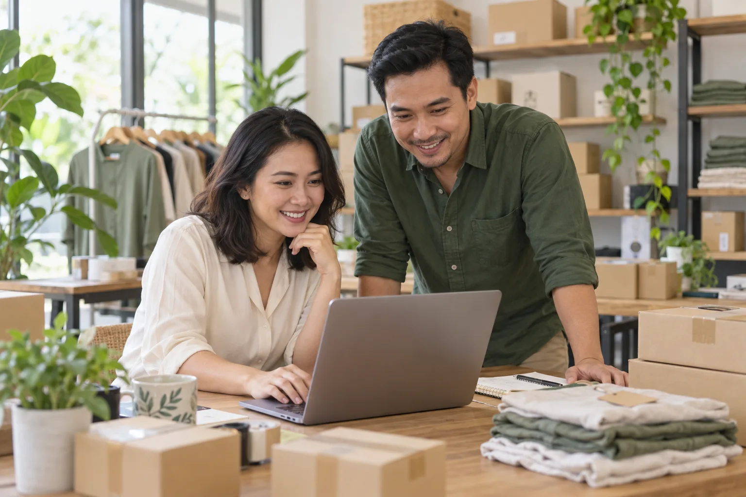 Pelaku bisnis mengelola pesanan bersama di studio produk